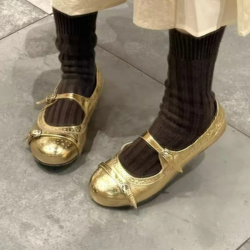 Women'S Shoes Round Toe - 빈티지 메탈 버클 가죽 메리제인 싱글