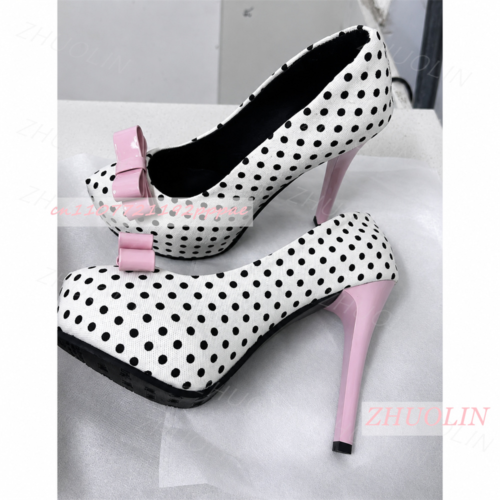 여성용 화이트 블랙 폴카 도트 펌프스 핑크 리본 라운드 - Women Shoes Us To Eu 리뷰 및 가격