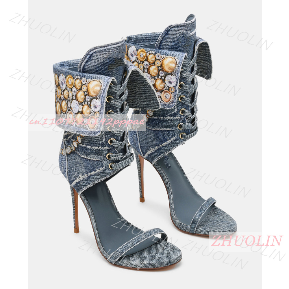 여성 블루 데님 라인스톤 샌들 레이스업 앵클 커프 스틸 - Women Shoes Us To Eu 리뷰 및 가격