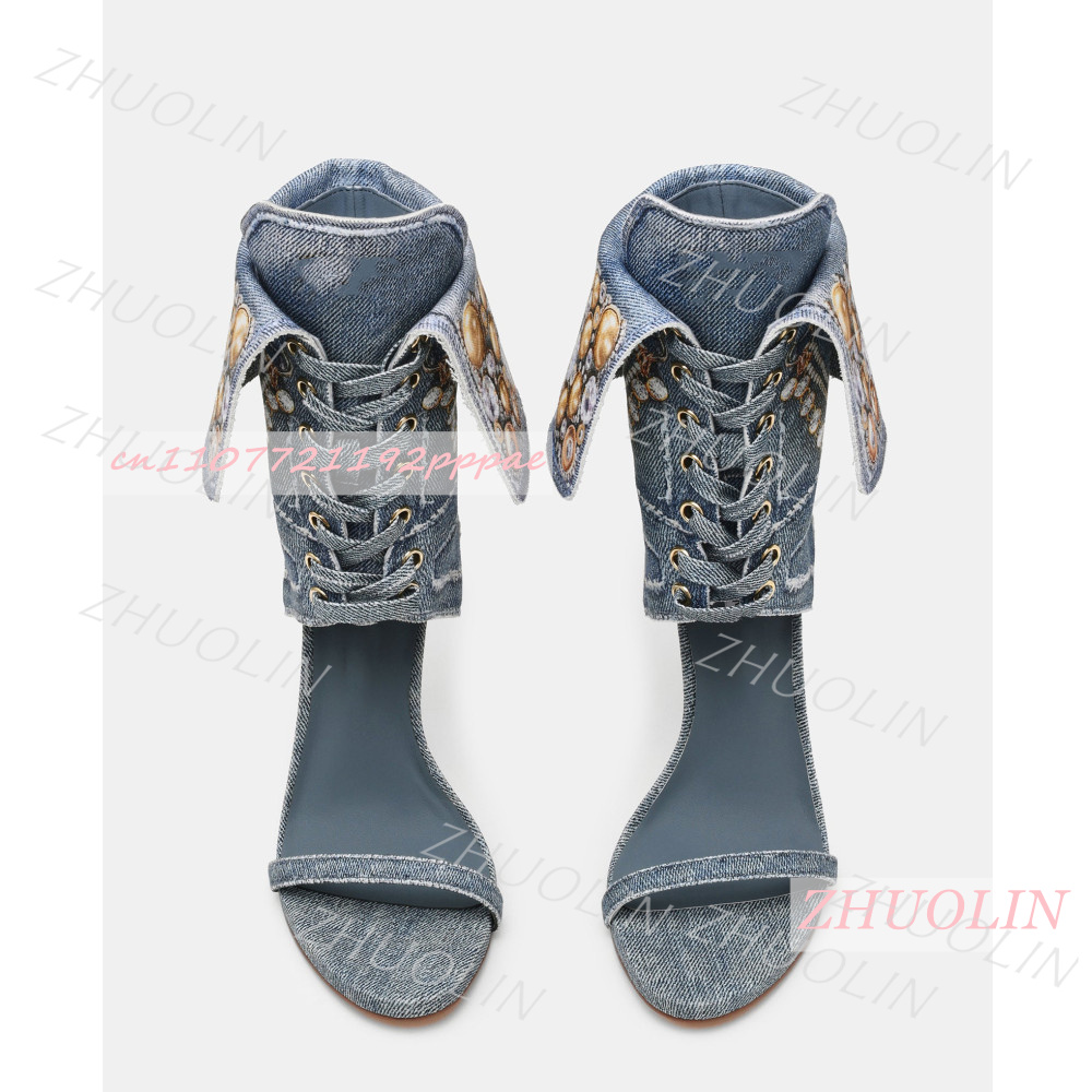 여성 블루 데님 라인스톤 샌들 레이스업 앵클 커프 스틸 - Women Shoes Us To Eu 리뷰 및 가격