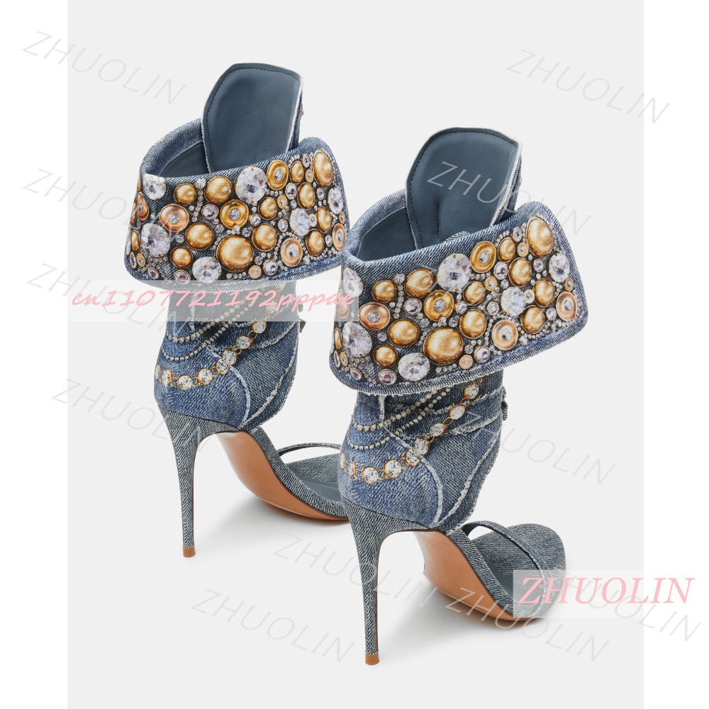 여성 블루 데님 라인스톤 샌들 레이스업 앵클 커프 스틸 - Women Shoes Us To Eu 리뷰 및 가격